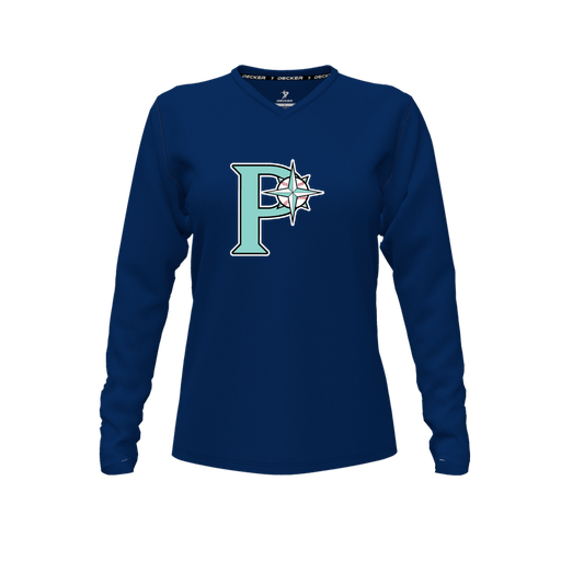 [CUS-DFW-TEES-CMF-VNK-LSL-NVY-FYXS-LOGO1] Decker Comfort T-Shirt (Female Youth XS, Navy, V Neck, Logo 1, Long Sleeve)